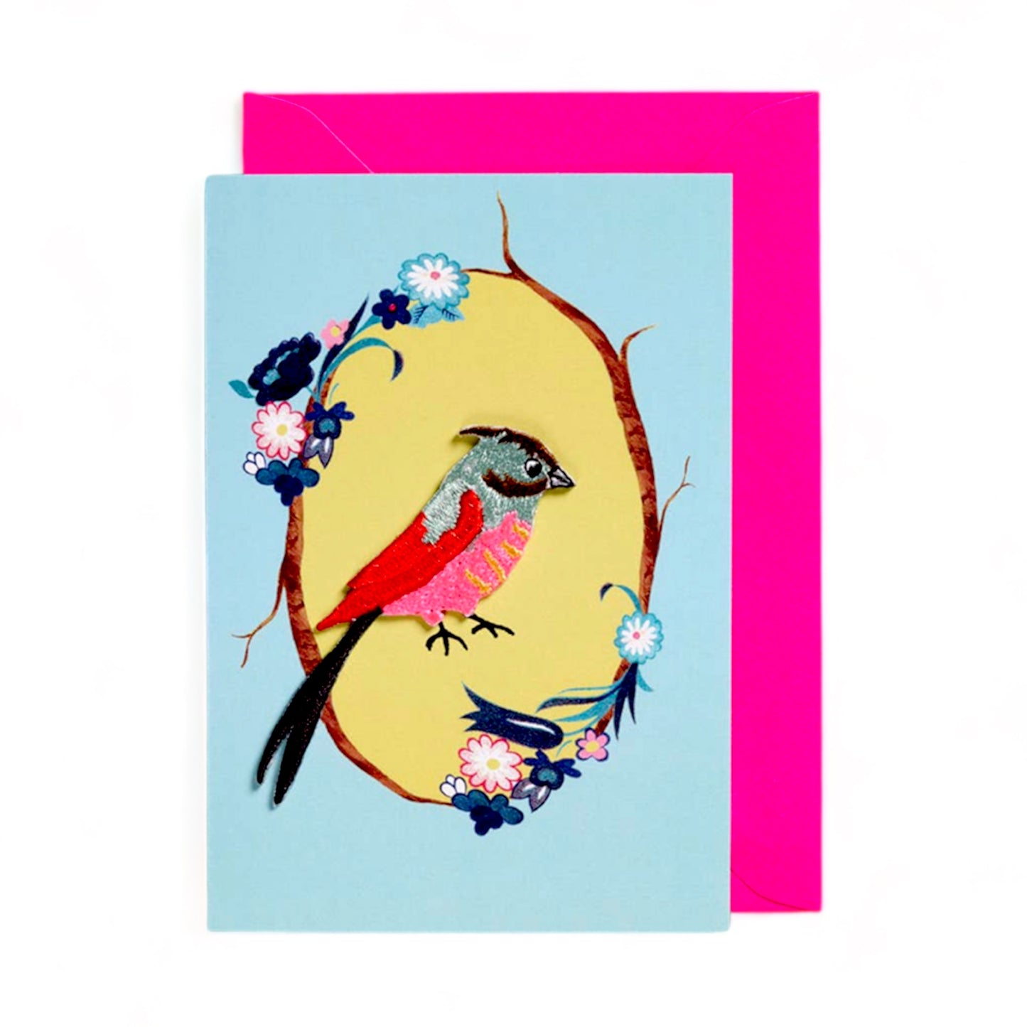 Bird Embroidered Greeting Card - Blue - Hella Kitsch