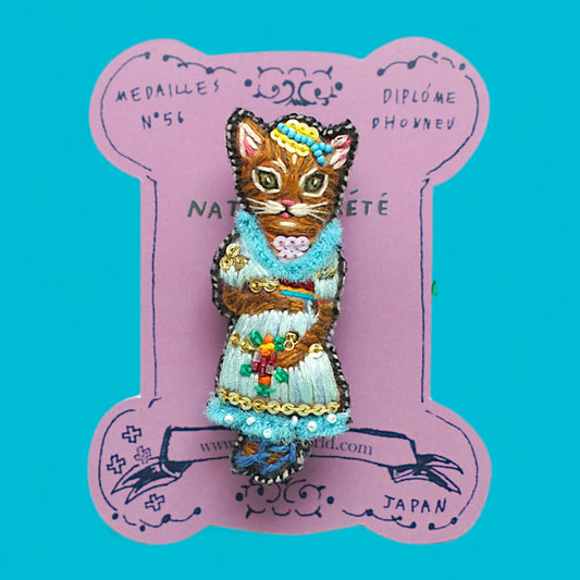 Embroidered Beaded Nathalie Lete Cakes and Cat Brooch - Hella Kitsch