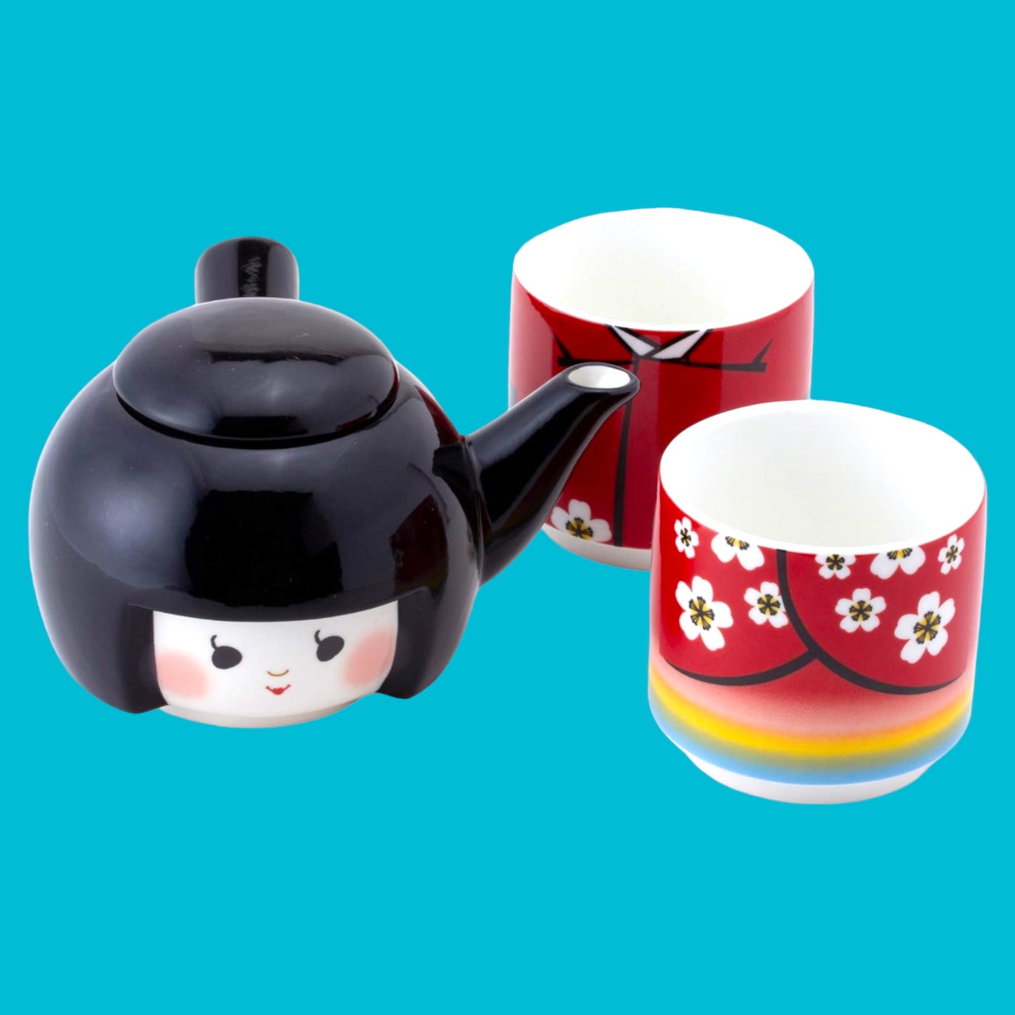 Kokeshi Ceramic Nesting Tea Pot and Cups