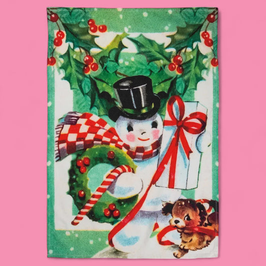 Retro Snowman with Puppy - Tea Towel