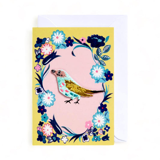 Bird Embroidered Greeting Card - Yellow