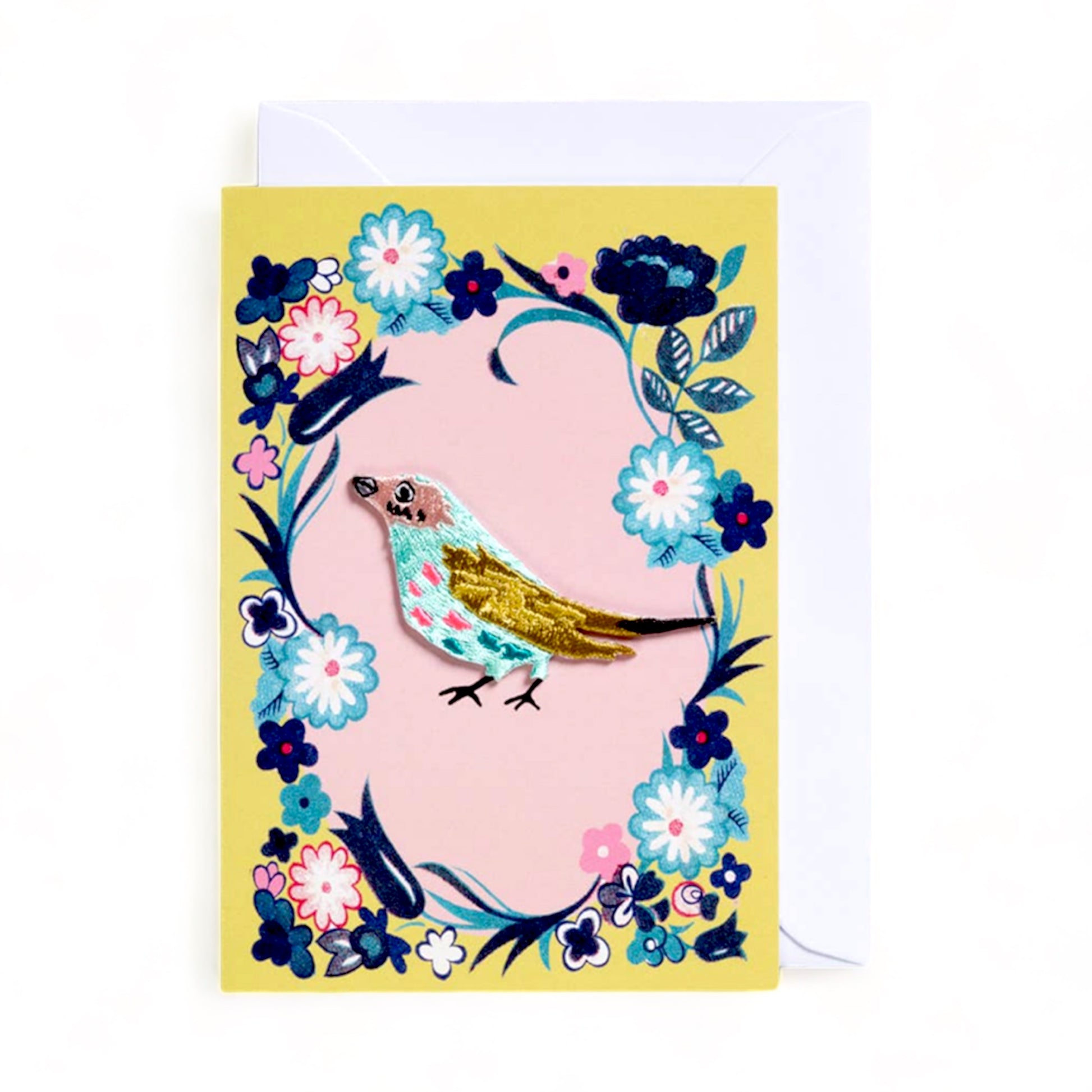 Bird Embroidered Greeting Card - Yellow - Hella Kitsch