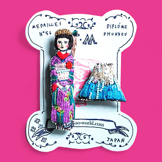 Embroidered Beaded Geisha + Mt. Fuji Brooch - Hella Kitsch