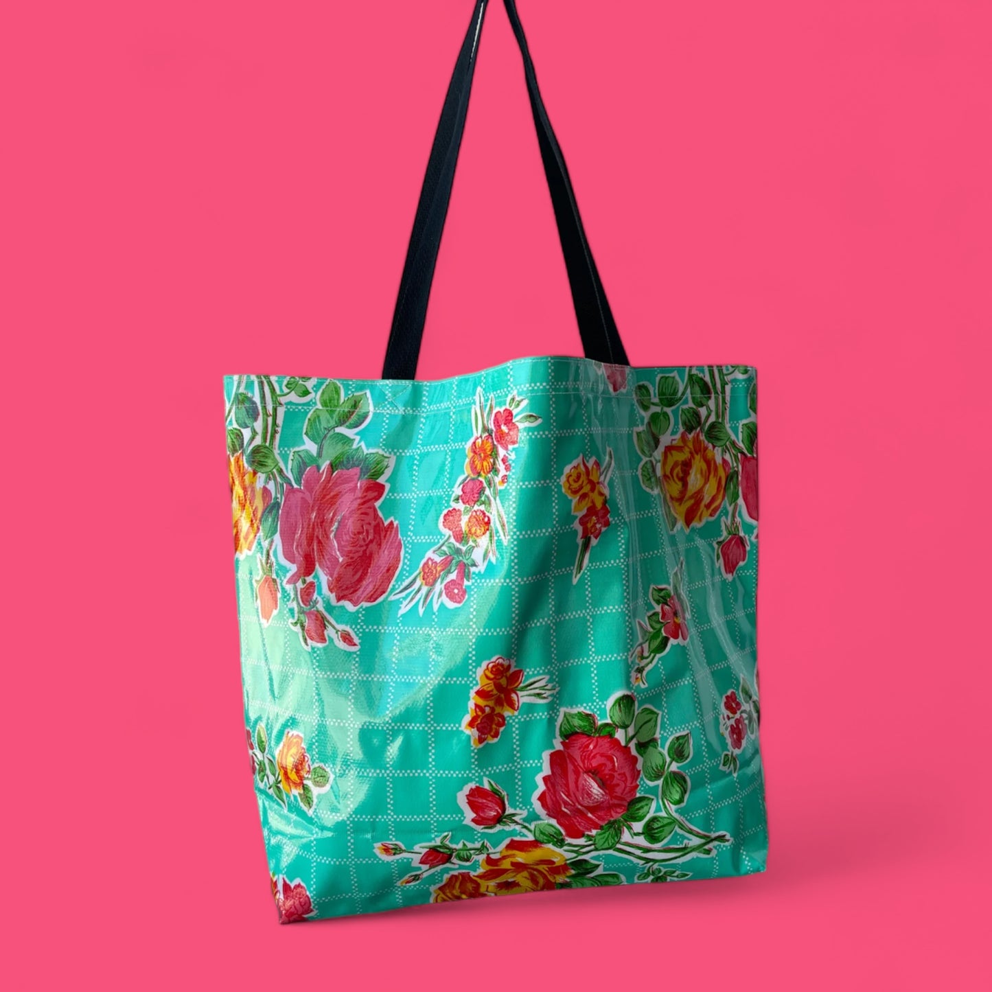 Large Oilcloth Shopper - Aqua Rosegall - Hella Kitsch