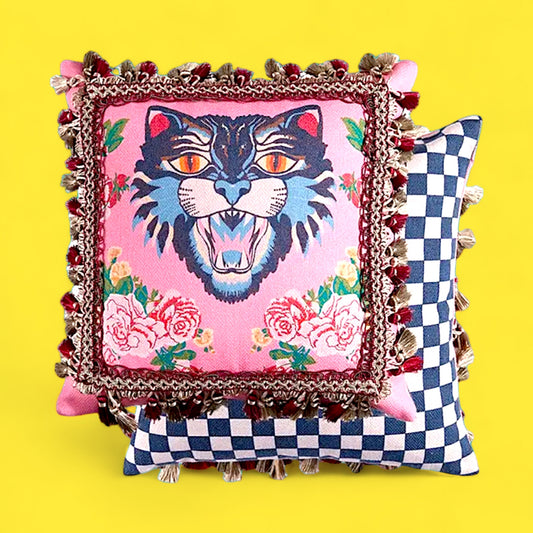 Panther With Roses Throw Pillow