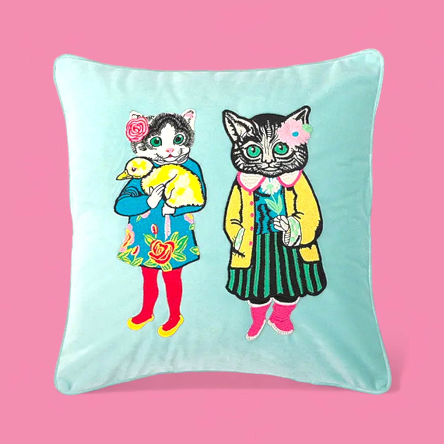 Vintage Embroidered Cats Mint Pillow