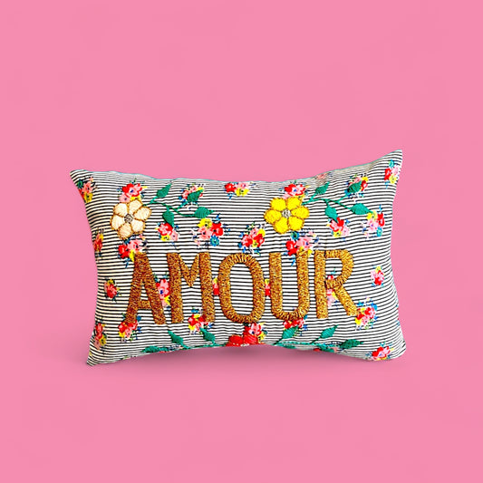 French Hand- Embroidered Mini Pillow - Amour