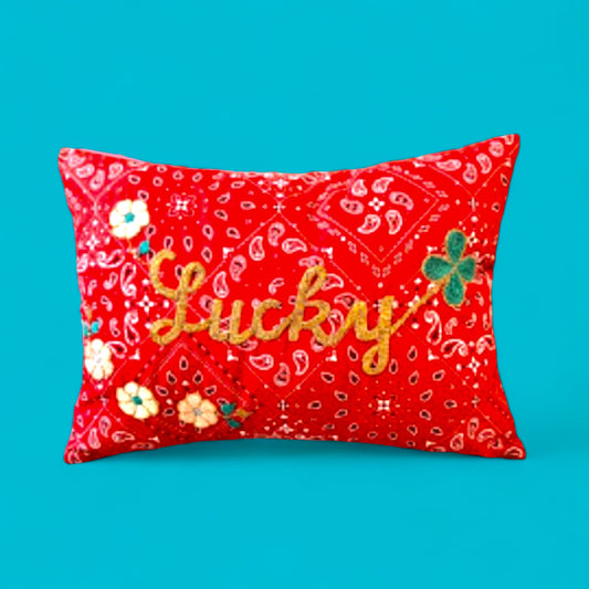 French Hand-Embroidered Pillow - Lucky