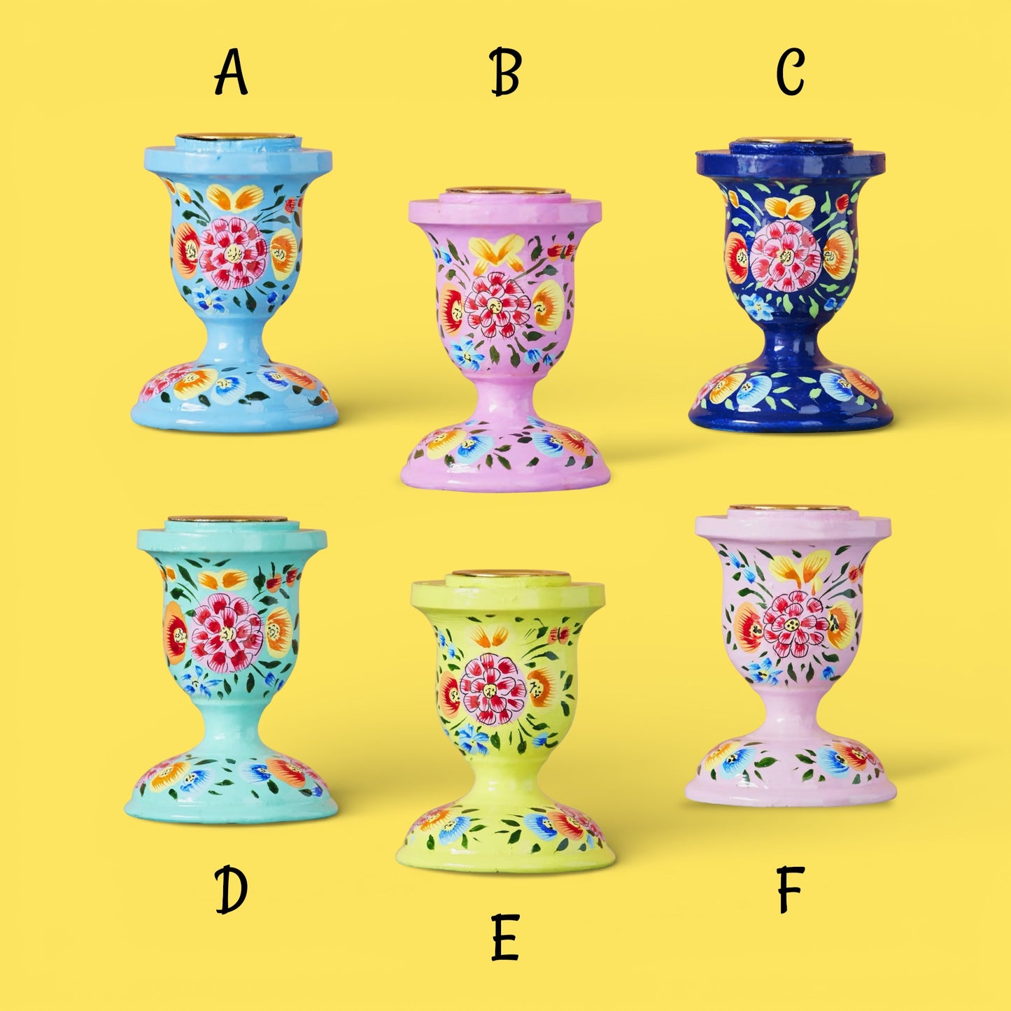 Small Wooden Kashmiri Candlestick Holders