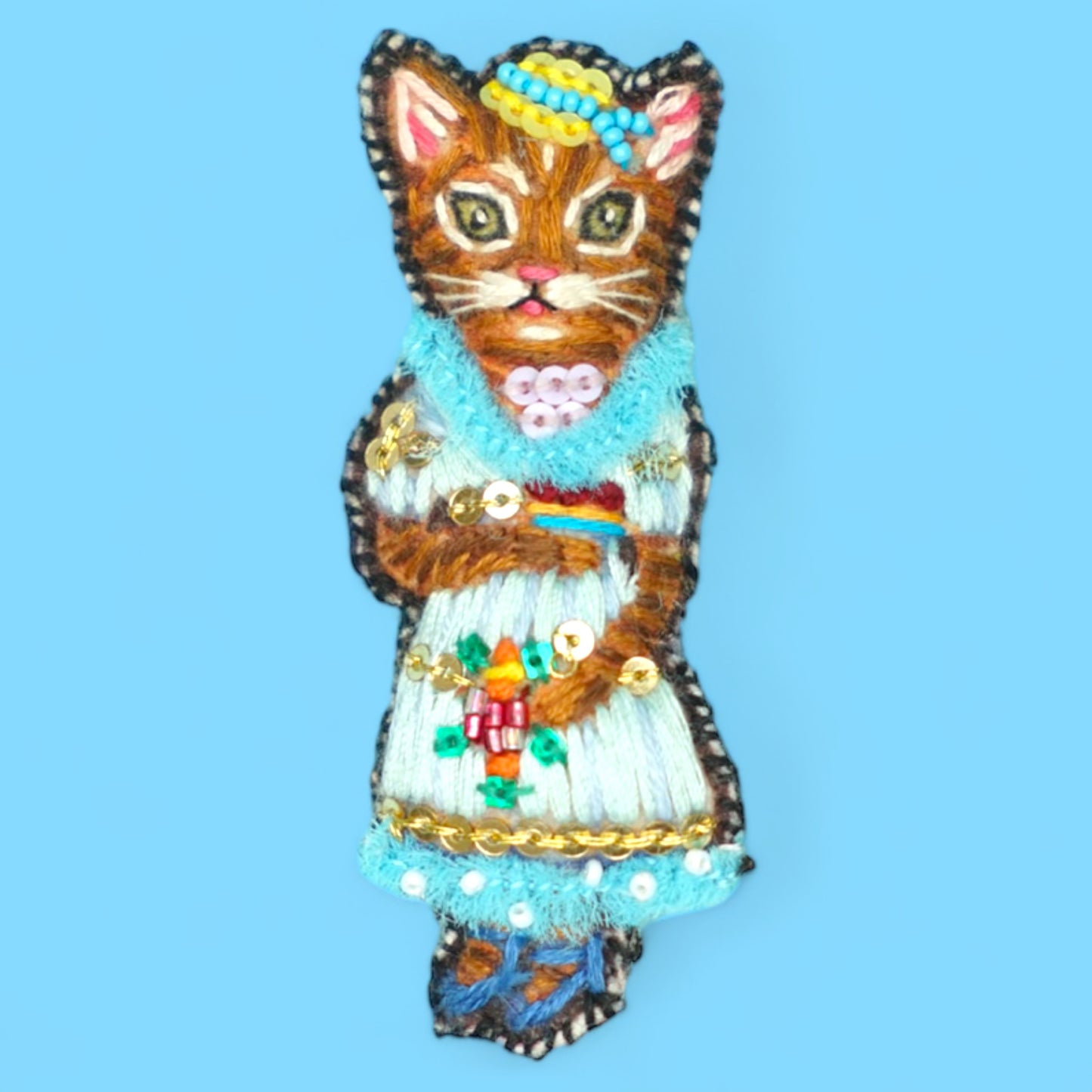 Embroidered Beaded Nathalie Lete Cakes and Cat Brooch - Hella Kitsch