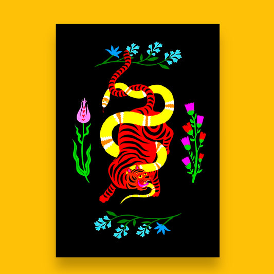 Tiger & Snake Battle Flowers - Riso Print - Hella Kitsch